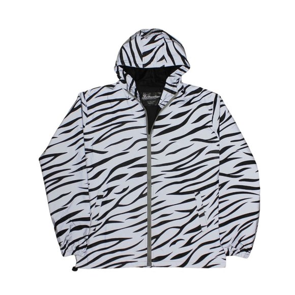 Zebra Print Reflective Hood Zip Front Nylon Windbreaker Rain Jacket sz S - Picture 1 of 4